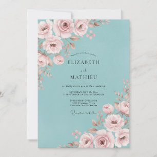 Aqua Blush Pink Ranunculus Eucalyptus Wedding Invitation