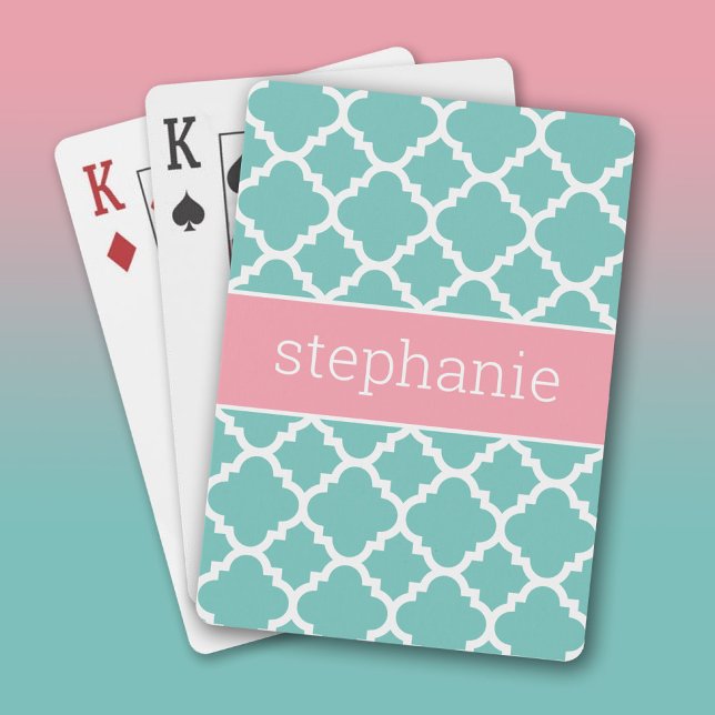 Aqua & Blush Quatrefoil Pattern Custom Name Poker Cards (Custom Playing Cards)