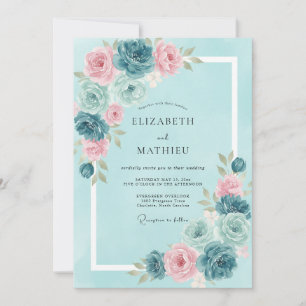 Aqua Blush Ranunculus Eucalyptus Wedding Invitation
