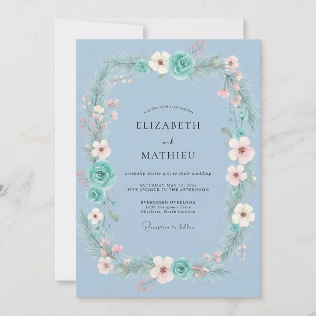 Aqua Blush Wreath Wedding Invitation (Front)