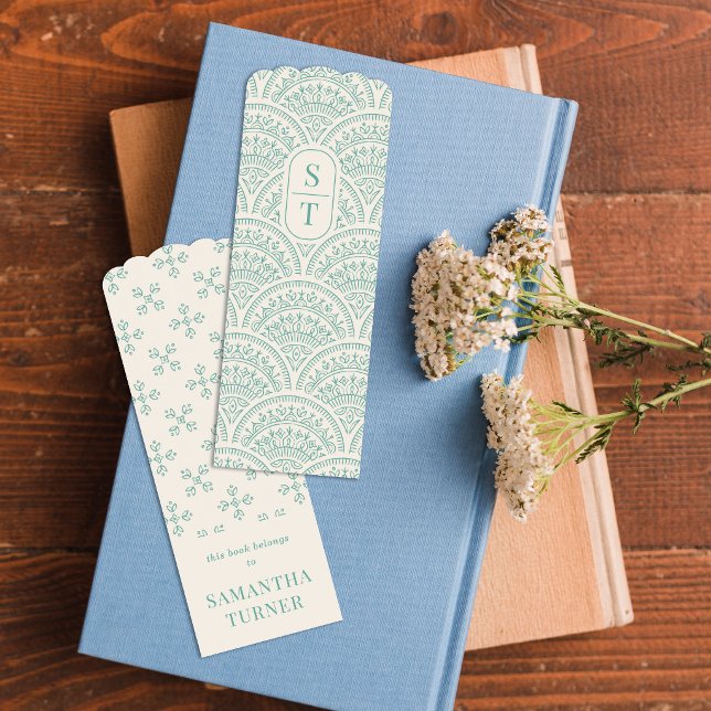 Aqua Boho Chic Scallop Pattern Monogram Bookmark (Creator Uploaded)