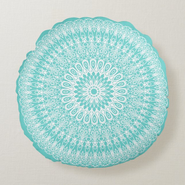 Aqua Boho Mandala Round Pillow (Front)