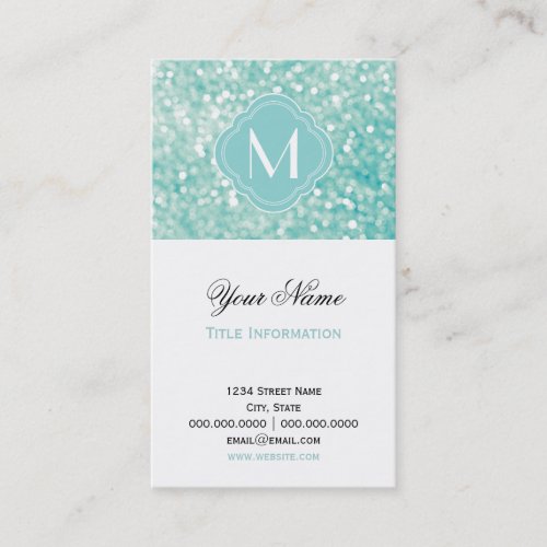 Aqua Bokeh Lights Glitter Sparkles and Monogram Business Cards