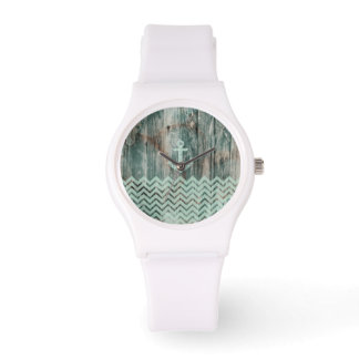 Aqua Bokeh Nautical Anchor on Wood Watch