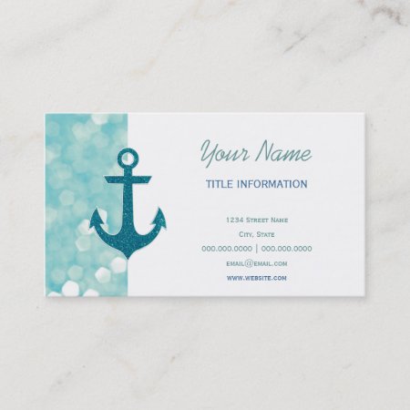 Aqua Bokeh Nautical Glitter Anchor Business Card