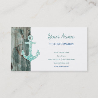 Aqua Bokeh Nautical Glitter Anchor on Wood Business Card