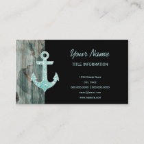 Aqua Bokeh Nautical Glitter Anchor on Wood Business Card