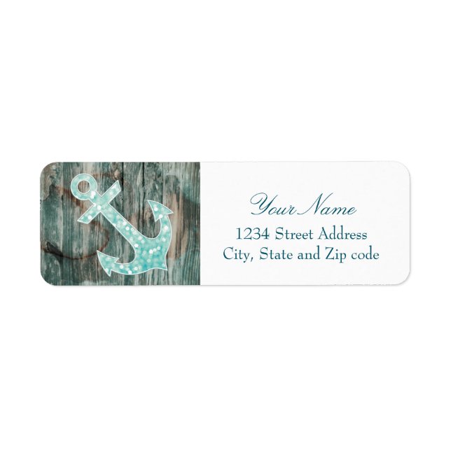 Aqua Bokeh Nautical Glitter Anchor on Wood Label (Front)