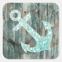 Aqua Bokeh Nautical Glitter Anchor on Wood Square Sticker