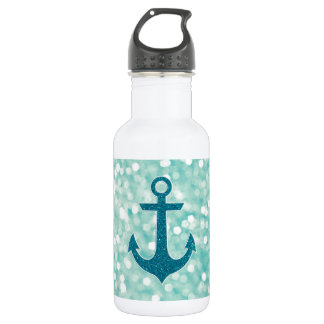 Aqua Bokeh Nautical Glitter Anchor Stainless Steel Water Bottle