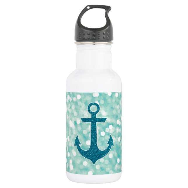 Aqua Bokeh Nautical Glitter Anchor Stainless Steel Water Bottle (Front)