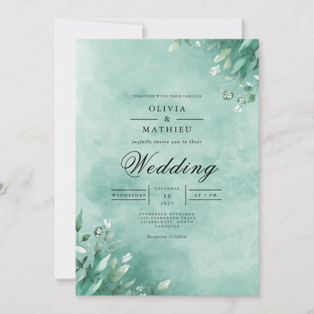 Aqua Botanical Leaf Elegance Wedding Invitation (Front)