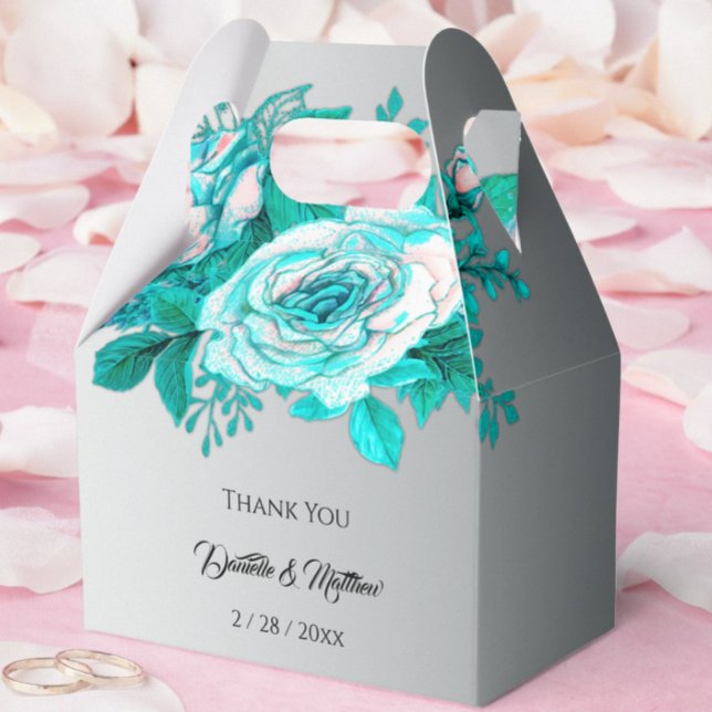 Aqua Botanical Silver Wedding Roses  Favor Boxes (Creator Uploaded)