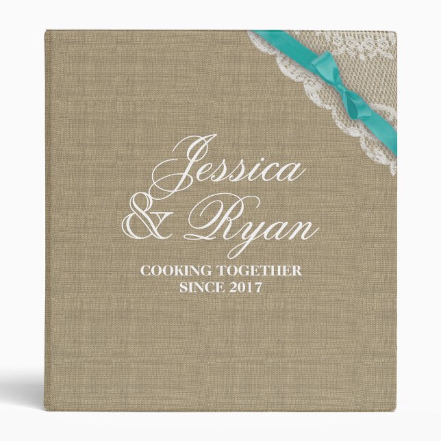 Aqua Bow and Lace Look Design Recipe Binder (Front)