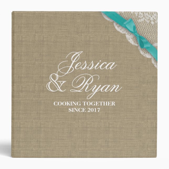 Aqua Bow and Lace Look Printed Recipe 3 Ring Binder (Front)