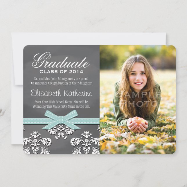 Aqua Bow Chalkboard Lace Graduation Announcement (Front)