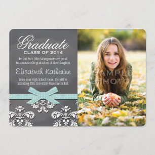 Aqua Bow Chalkboard Lace Graduation Announcement