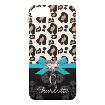Aqua Bow Heart Shaped Faux Bling Leopard Print Iphone 8/7 Case by cutecases at Zazzle