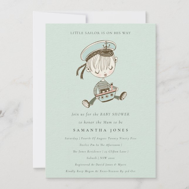 Aqua Boy Little Sailor Nautical Baby Shower Invite (Front)