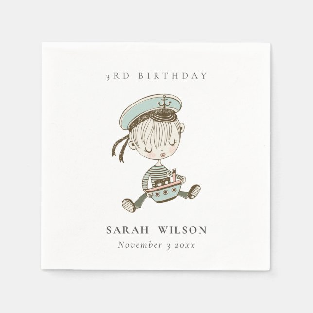 Aqua Boys Little Sailor Nautical Any Age Birthday Napkins (Front)