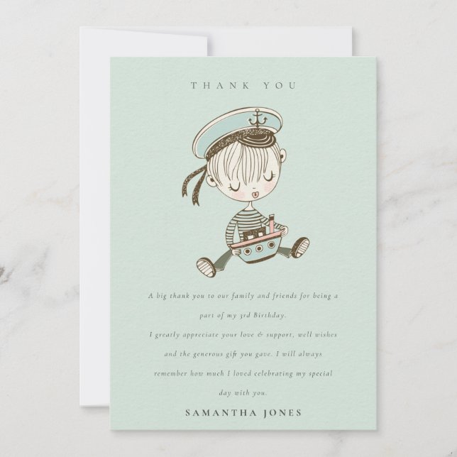 Aqua Boys Little Sailor Nautical Any Age Birthday Thank You Card (Front)