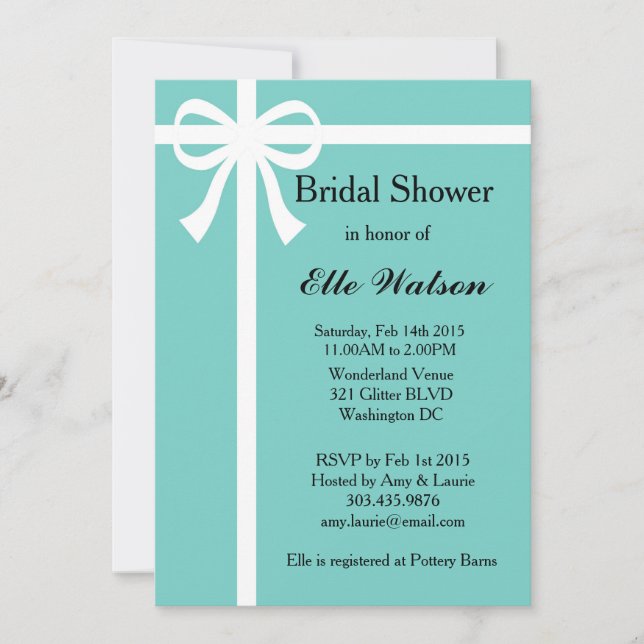 Aqua Bridal Shower Invitations, White Ribbon Invitation (Front)