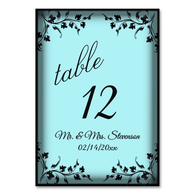 Aqua Bride Groom Names and Date Table Number (Front)