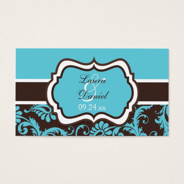 Aqua, Brown, and White Damask Wedding Favor Tag (Front)