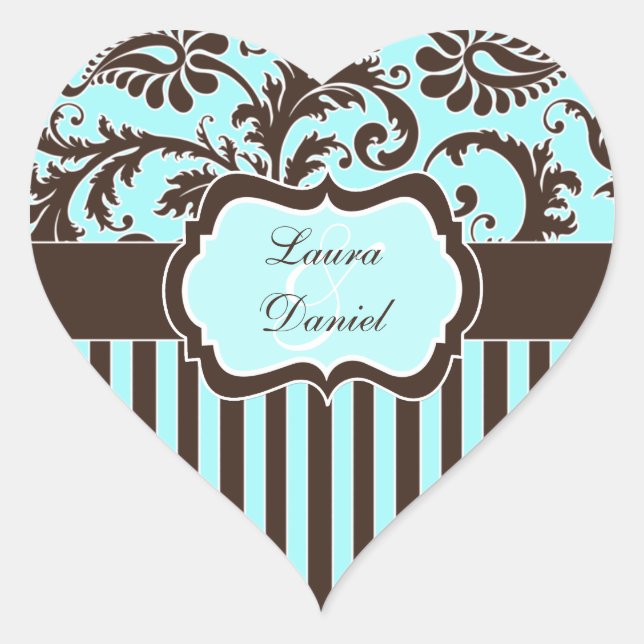 Aqua, Brown, and White Striped Damask Sticker (Front)