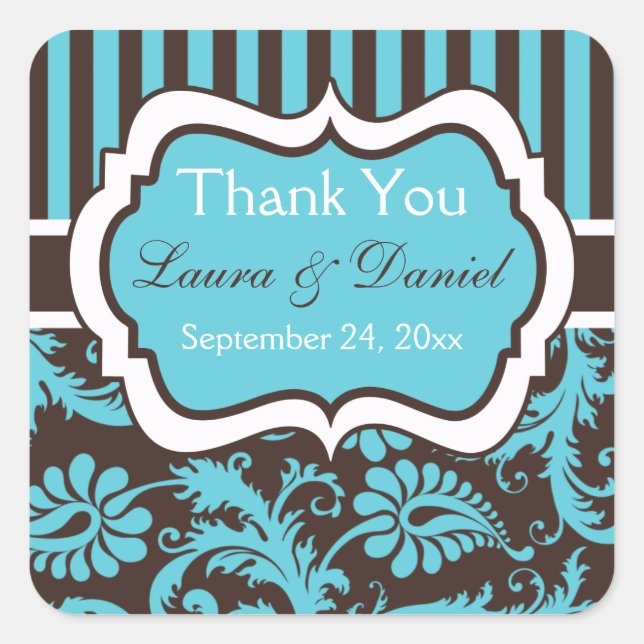 Aqua, Brown, and White Wedding Favor Sticker (Front)
