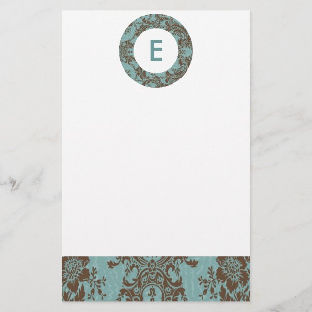 Aqua Brown Damask Customizable Monogram Stationery (Front)