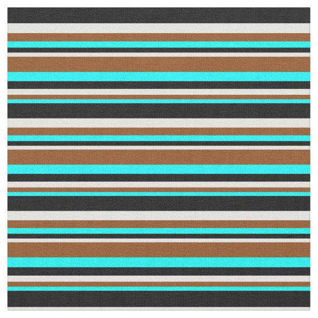 Aqua, Brown, Light Cyan & Black Pattern Fabric (Close Up)