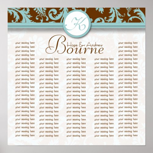 Aqua Brown Monogram Damask Seating Chart 