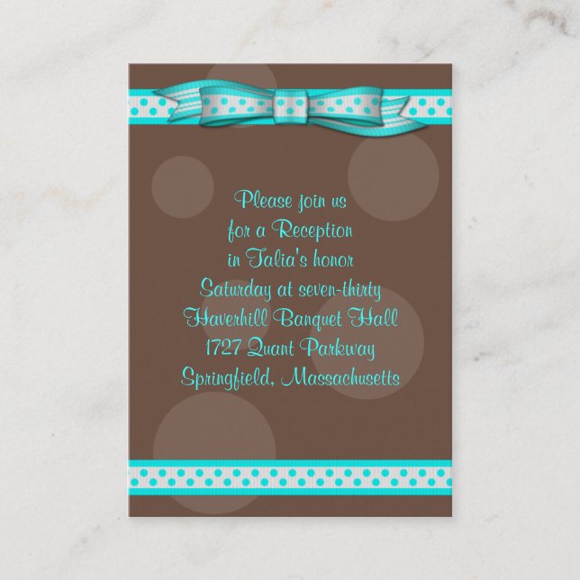 Aqua & Brown Polka Dots Bat Mitzvah Reception Card (Front)