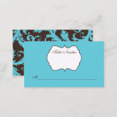 Aqua, Brown, White Damask Place Card (Front/Back)