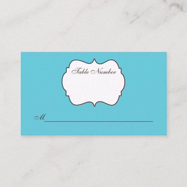 Aqua, Brown, White Damask Place Card (Front)