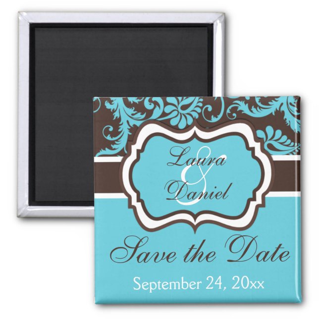 Aqua, Brown, White Damask Save the Date Magnet (Front)