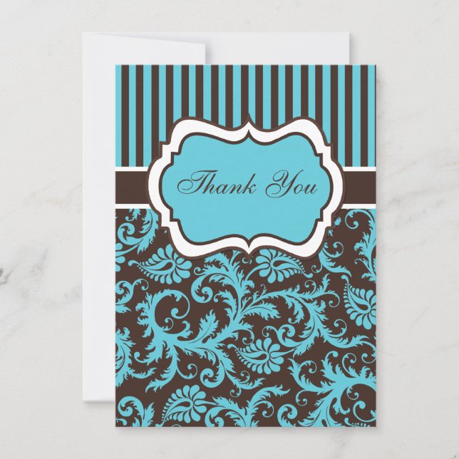 Aqua, Brown, White Damask Thank You Card (Front)