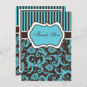Aqua, Brown, White Damask Thank You Card (Front/Back)