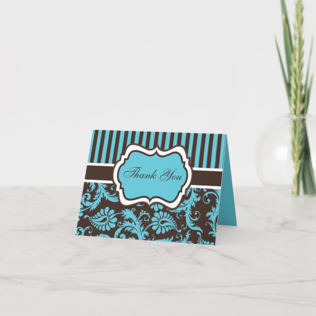Aqua, Brown, White Damask Thank You Note Card (Front)