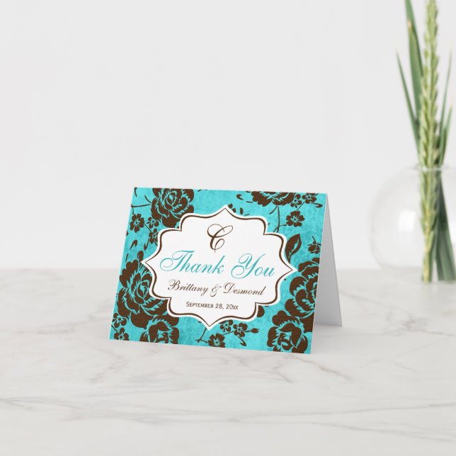 Aqua Brown White Floral Damask Thank You Card (Front)