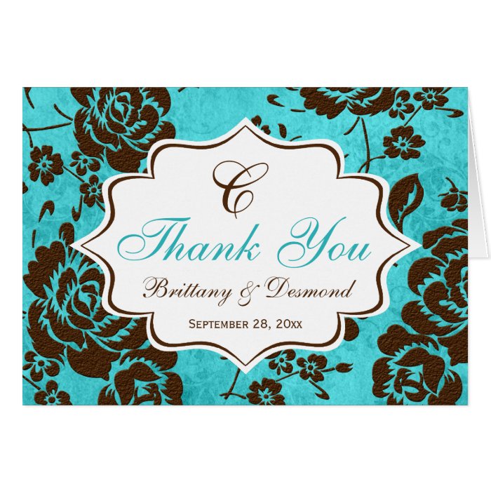Aqua Brown White Floral Damask Thank You Card Greeting Cards