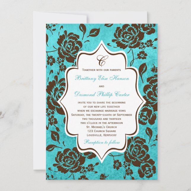 Aqua Brown White Floral Damask Wedding Invitation (Front)