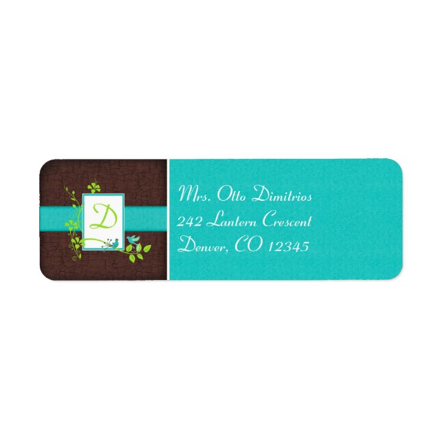 Aqua, Brown, White, Green Monogram Address Label (Front)