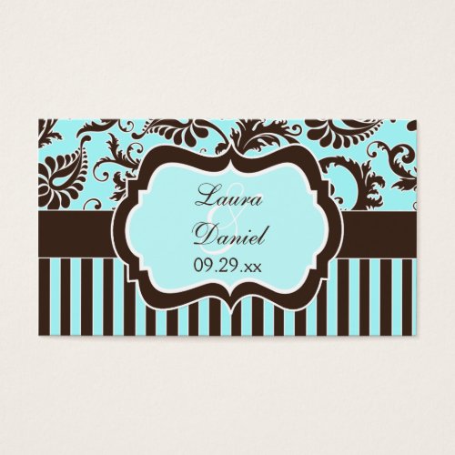 Aqua, Brown, White Stripe Damask Wedding Favor Tag Business Card