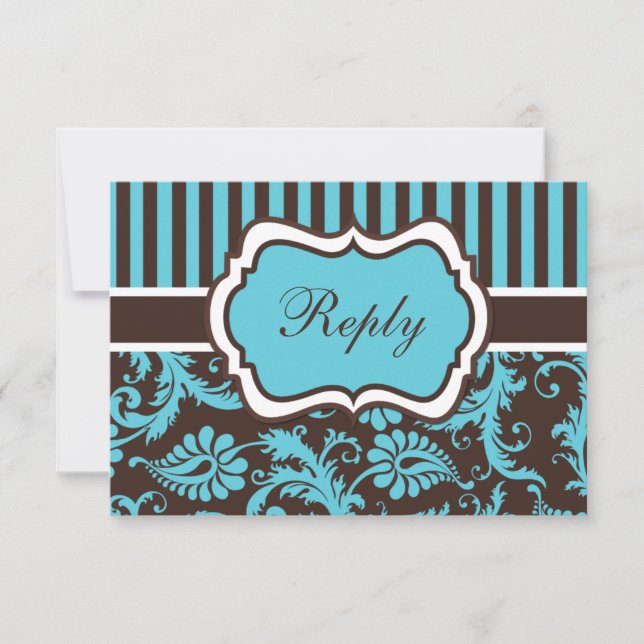 Aqua, Brown, White Striped Damask Reply Card (Front)