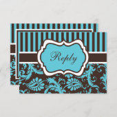 Aqua, Brown, White Striped Damask Reply Card (Front/Back)