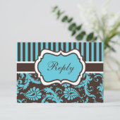 Aqua, Brown, White Striped Damask Reply Card (Standing Front)