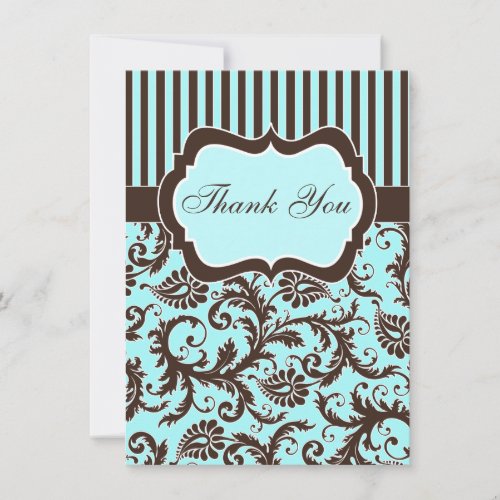 Aqua Brown White Striped Damask Thank You Card