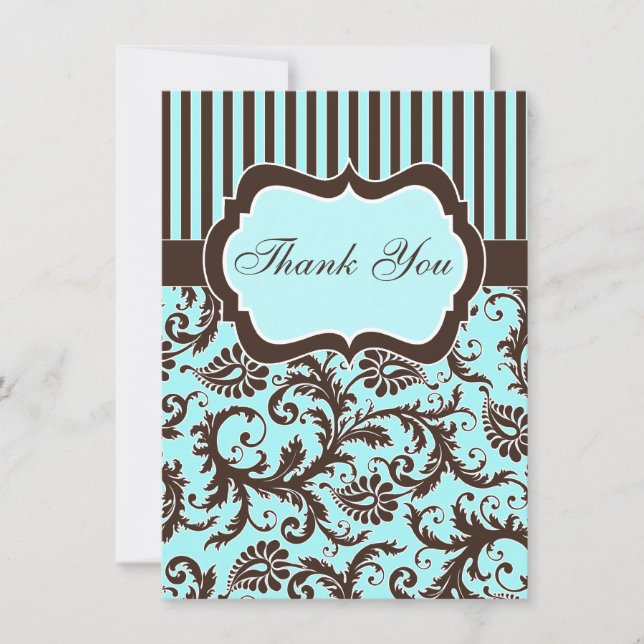 Aqua, Brown, White Striped Damask Thank You Card (Front)